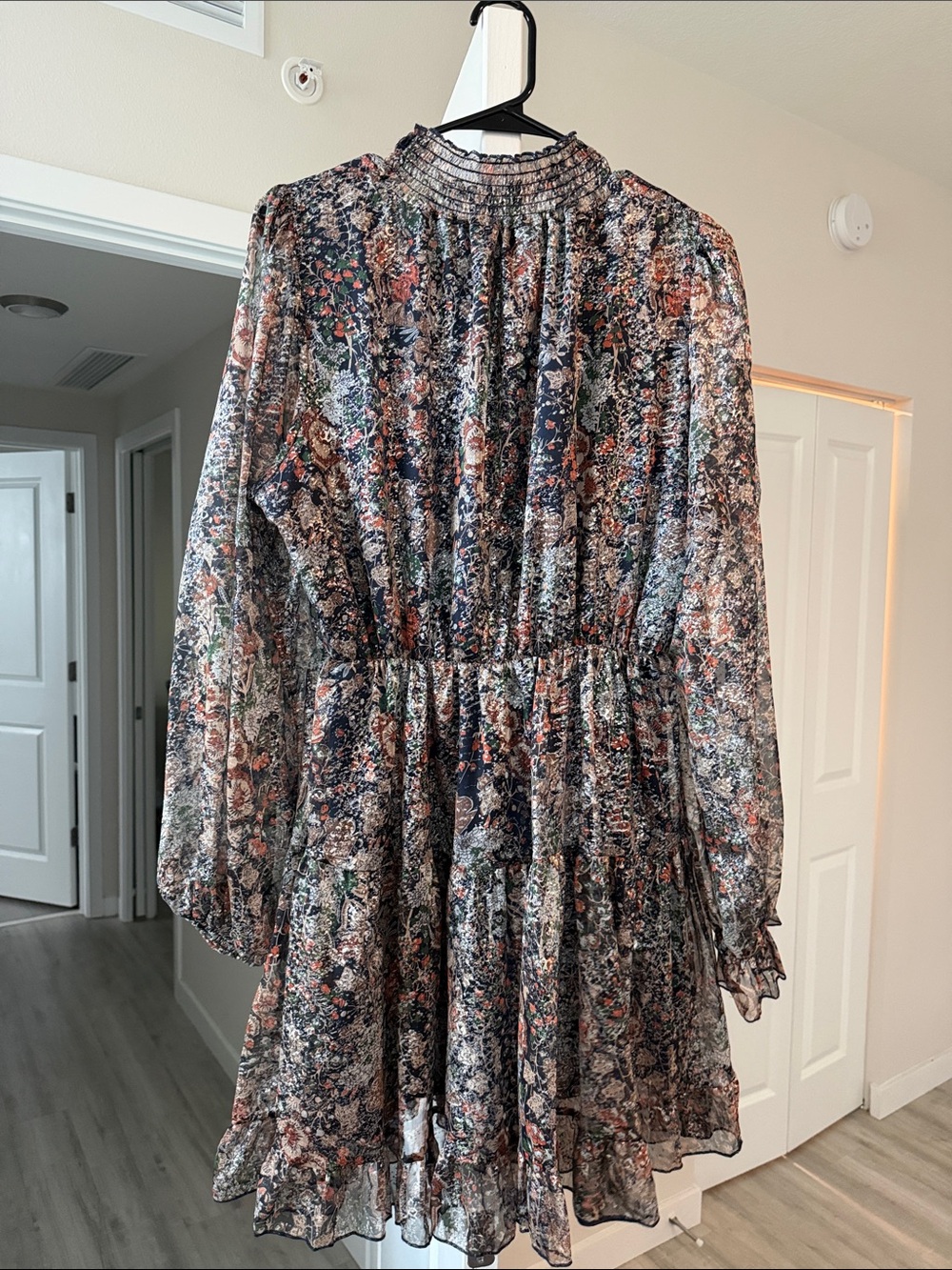 Smocked Neck Long-Sleeve Floral Midi Dress - Navy Multi